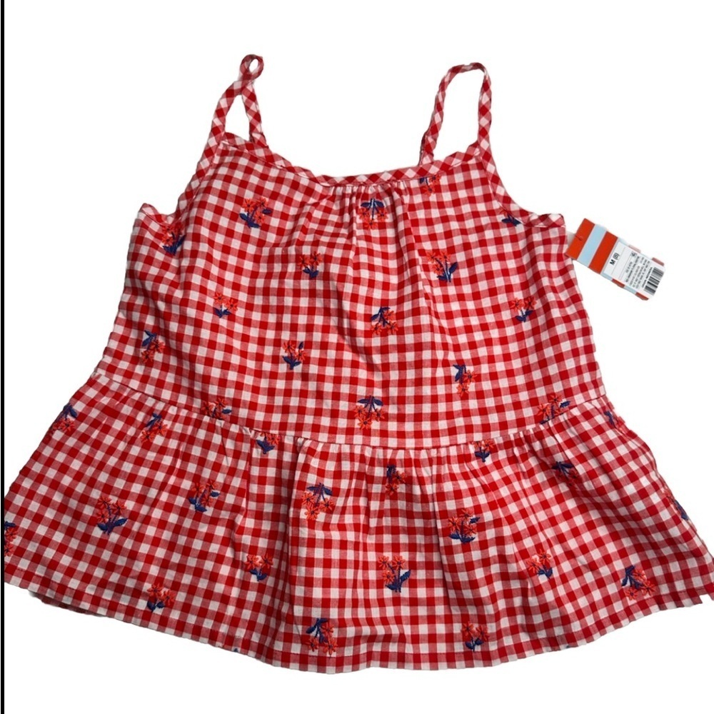 Cat & Jack  Girls Size M(8) Pleated Embroidered Flowers 4th Of July  Red Gingham